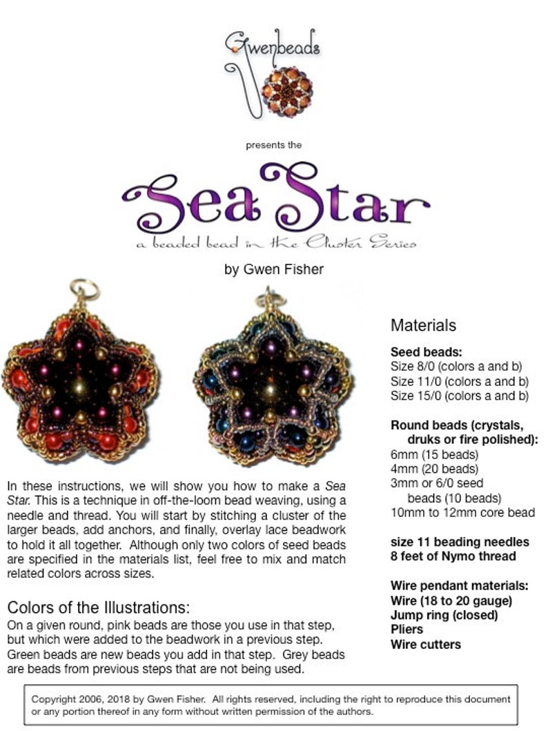 Peut inclure: Un guide d'instructions d&eacute;taill&eacute; pour la cr&eacute;ation d'un Sea Star perl&eacute;, pr&eacute;sentant un design de perles en forme d'&eacute;toile. Le guide comprend une liste de mat&eacute;riaux tels que des perles de rocaille, des perles rondes, des aiguilles et du fil. Le texte comprend l'expression "Sea Star" et est de Gwen Fisher.