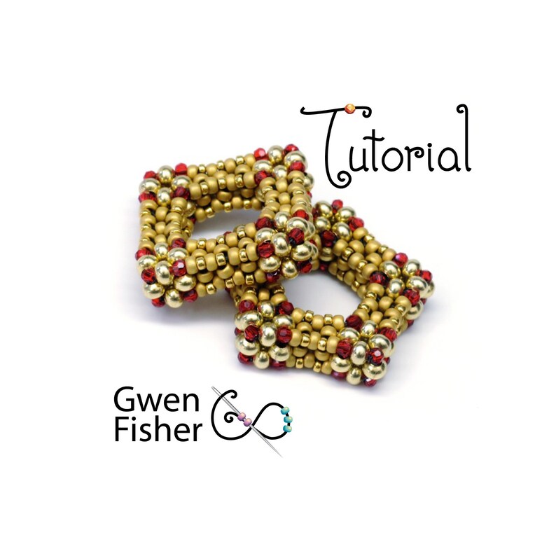 May include: Two square beaded objects in gold and red. The objects are made of small, round gold beads and red beads. The word "Tutorial" is written in black script. The name "Gwen Fisher" is written in black text with a needle and thread logo.