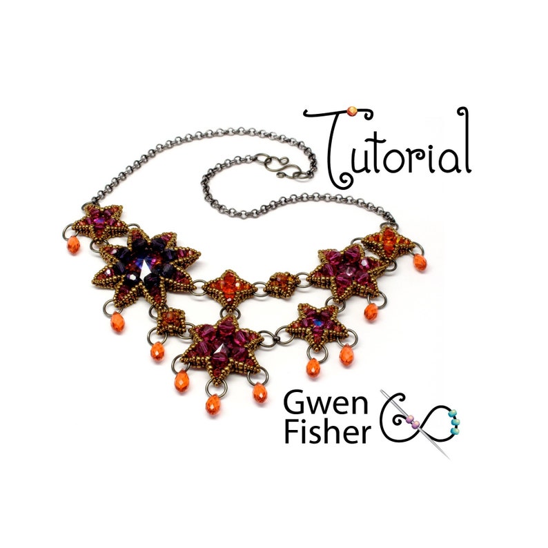May include: A beaded necklace with a silver chain and multiple star-shaped pendants. The stars are made of small beads in shades of purple, red, and gold. The necklace has orange bead accents.