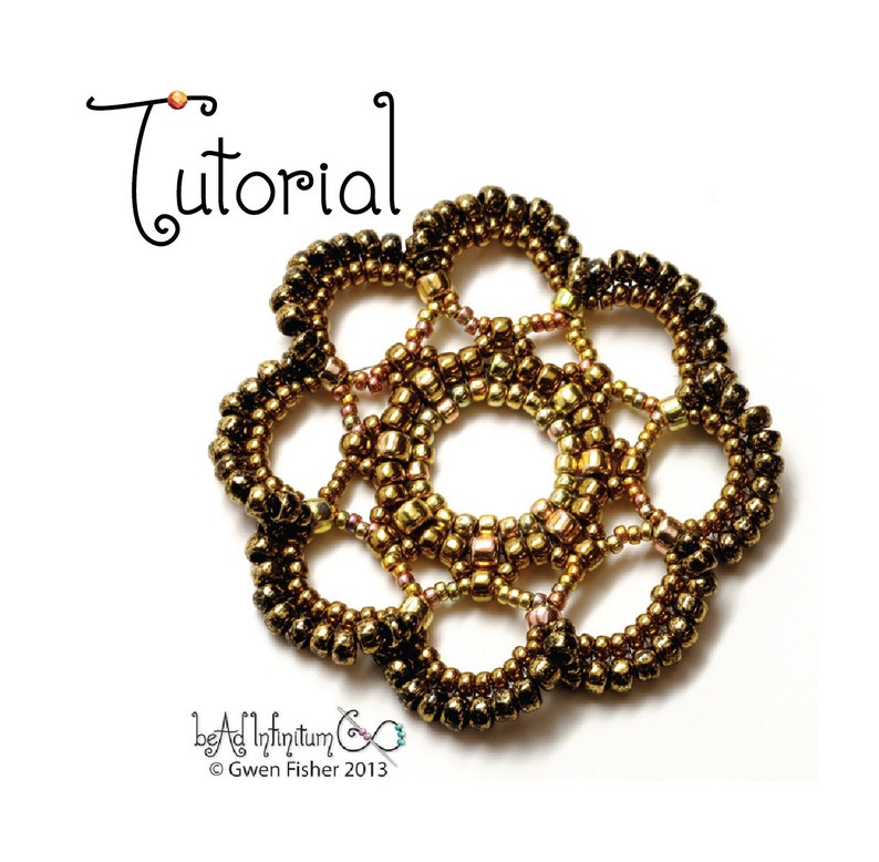 May include: A gold and brown beaded flower-shaped design with a central hole. The design is made of multiple circles of beads, creating a delicate and intricate pattern.