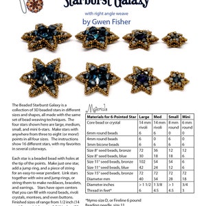 May include: A beaded starburst galaxy craft project with instructions for making 6-pointed stars in four sizes: large, medium, small, and mini. The project uses a variety of beads, including core beads, round beads, bicone beads, and seed beads in bronze and blue colors. The instructions include bead sizes, quantities, and thread recommendations.