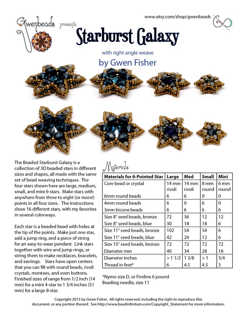 May include: A beaded starburst galaxy craft project with instructions for making 6-pointed stars in four sizes: large, medium, small, and mini. The project uses a variety of beads, including core beads, round beads, bicone beads, and seed beads in bronze and blue colors. The instructions include bead sizes, quantities, and thread recommendations.