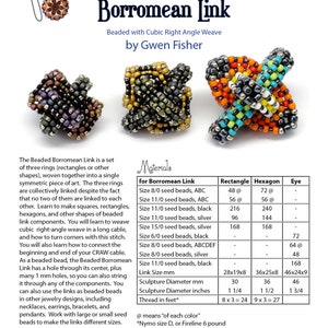 May include: Image of three beaded Borromean Link designs. The links are made with cubic right angle weave. The designs feature various colors, including black, gold, orange, and blue. The image also includes a chart with bead sizes and dimensions in inches.