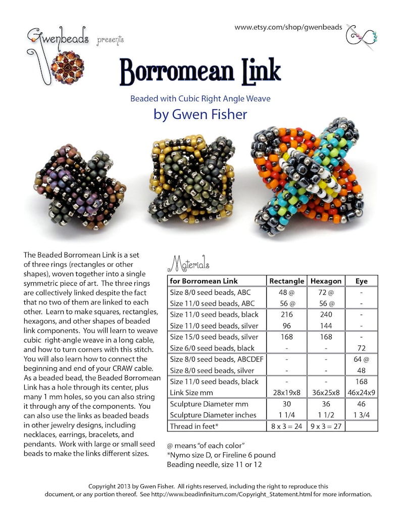 May include: Image of three beaded Borromean Link designs. The links are made with cubic right angle weave. The designs feature various colors, including black, gold, orange, and blue. The image also includes a chart with bead sizes and dimensions in inches.