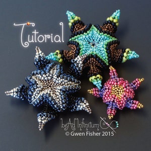 May include: Three beaded star-shaped ornaments in different colours. The stars are made with seed beads in shades of blue, green, black, silver, gold, and pink. The text "Tutorial" is written in white cursive above the stars.