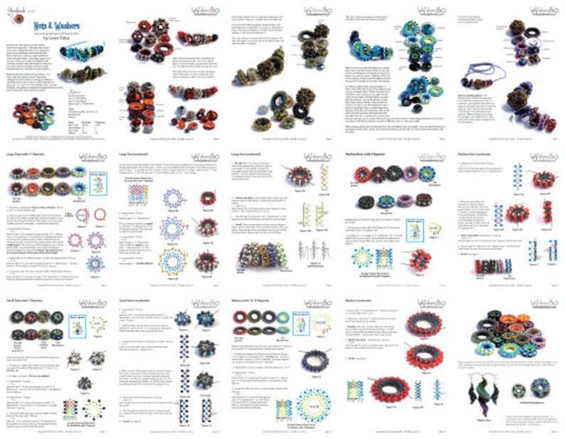 May include: A guide to making jewelry using beads and spacers. The guide includes instructions and diagrams for creating different designs, including necklaces, bracelets, and earrings. The guide is titled "Nuts & Washers" by Carolyn Edlund.