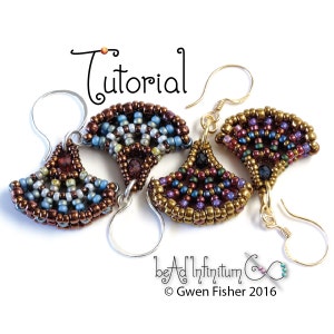 May include: Three pairs of beaded earrings in a fan shape. The earrings are made with brown, gold, blue, green, and purple beads. The earrings are hanging from silver and gold ear wires. The image includes the text "Tutorial" and "bead infinitum & Gwen Fisher 2016".