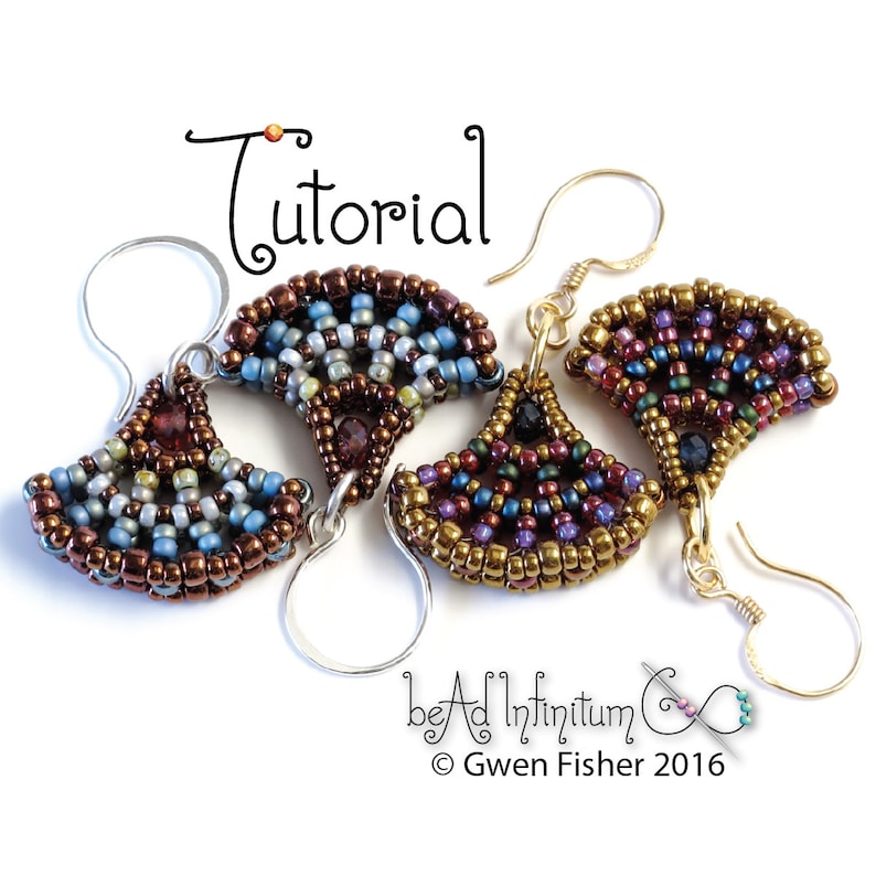 May include: Three pairs of beaded earrings in a fan shape. The earrings are made with brown, gold, blue, green, and purple beads. The earrings are hanging from silver and gold ear wires. The image includes the text "Tutorial" and "bead infinitum & Gwen Fisher 2016".