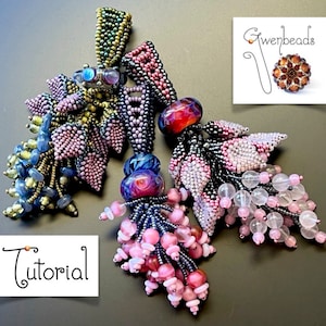 May include: Three beaded tassel pendants in a variety of colours, including pink, purple, blue, and gold. The tassels are made with small beads and feature a leaf-like design. The word "Tutorial" is printed on a white card in the bottom left corner of the image. The word "Gwenbeads" is printed on a white card in the top right corner of the image.