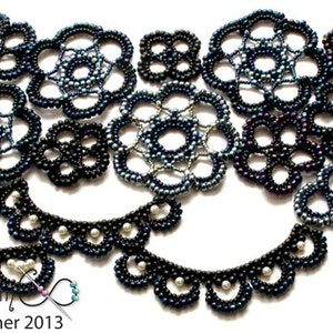 May include: A collection of black and blue beaded lace doilies, some with a pearl-like finish, arranged in a decorative pattern. The doilies are made with intricate designs and are perfect for adding a touch of elegance to any home decor.
