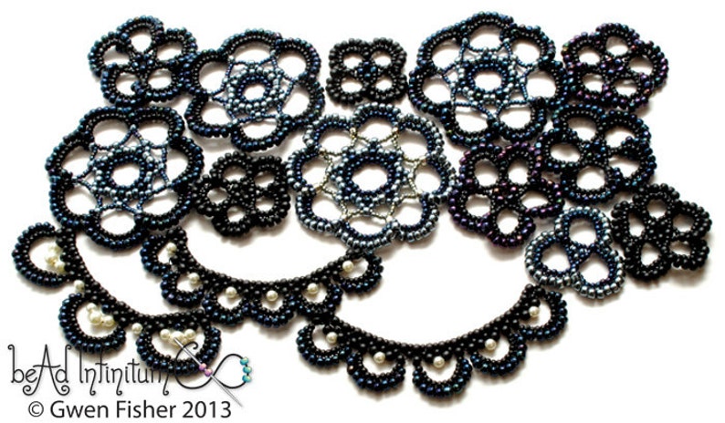 May include: A collection of black and blue beaded lace doilies, some with a pearl-like finish, arranged in a decorative pattern. The doilies are made with intricate designs and are perfect for adding a touch of elegance to any home decor.