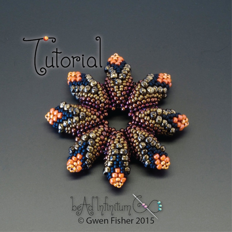 May include: A beaded flower with eight points, made with black, gold, and orange beads. The flower is a tutorial for beading, with the text "Tutorial" above the flower and "bead infinitum" below the flower.