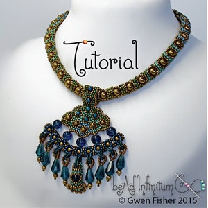 May include: A beaded necklace with a gold and blue pendant. The pendant is shaped like a cloud and has a fringe of blue beads. The necklace is labelled "Tutorial" and "beadinfintium".
