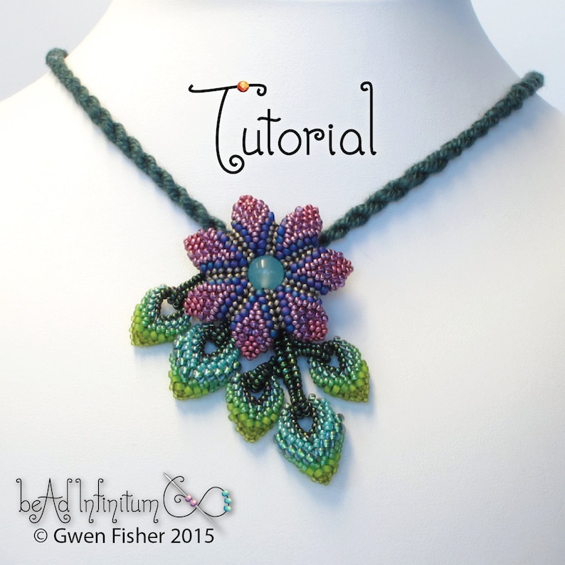May include: A beaded flower pendant necklace with green leaves, a turquoise stone in the center of the flower, and the text "Tutorial" above the flower.
