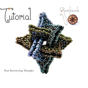 May include: A beaded star-shaped ornament made with blue, green, and gold beads. The ornament is titled "Four Intersecting Triangles".