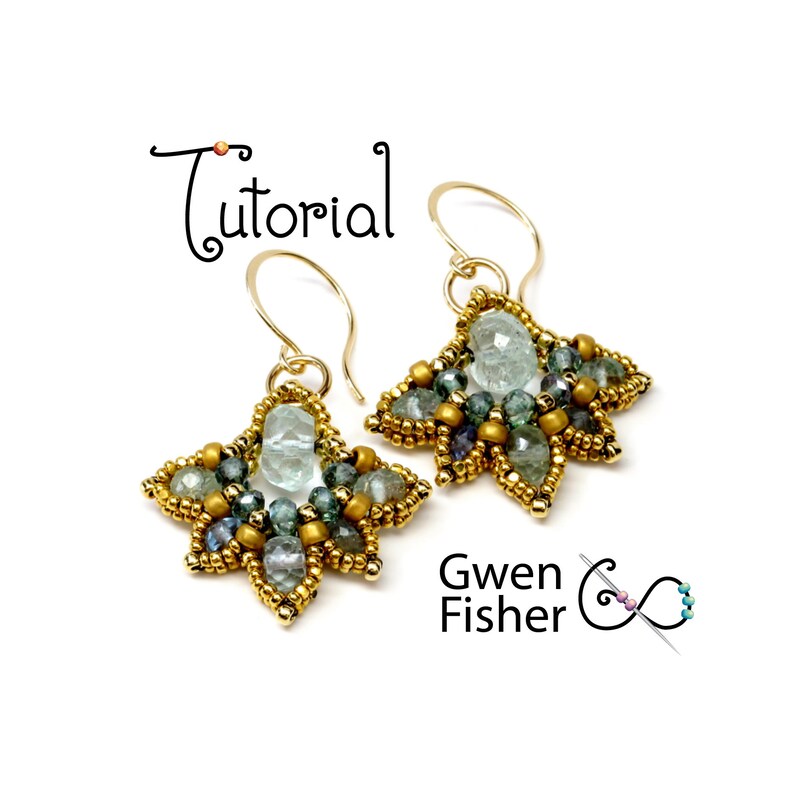 May include: A pair of gold earrings with a star-shaped design. The earrings are made with beads in shades of green, blue, and gold, and feature a larger, light blue gemstone in the center of each star.