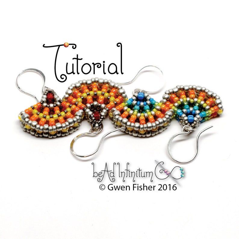 May include: A pair of beaded earrings with a rainbow color pattern. The earrings are made with small seed beads and silver wire. The earrings are attached to silver ear wires. The earrings are labeled "bead infinitum" and "Gwen Fisher 2016".