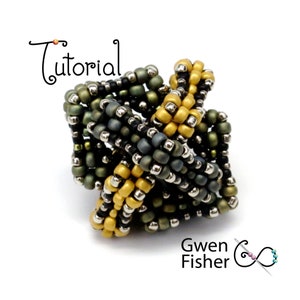 May include: A beaded knot-shaped bracelet in shades of olive green, gold, black, and gray, with silver-colored beads. The word "Tutorial" is written in cursive at the top left. The artist's name, Gwen Fisher, is at the bottom right.