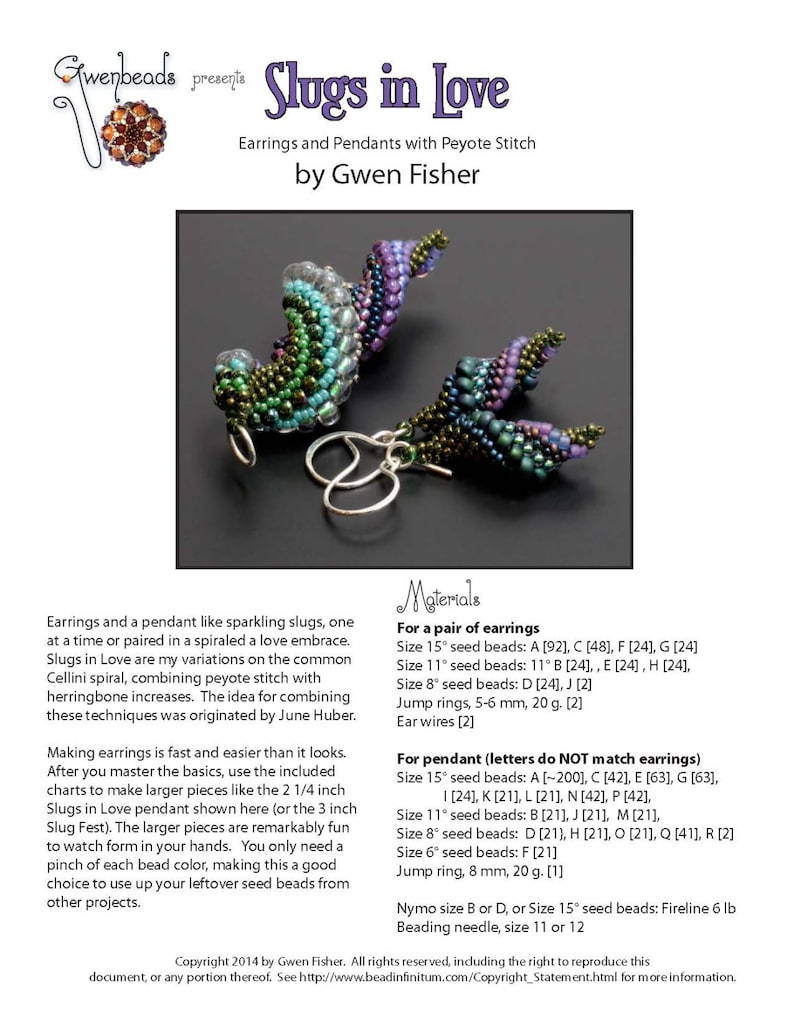 May include: A pair of earrings and a pendant made with peyote stitch beading. The earrings are a spiral design with a mix of green, blue, purple, and clear beads. The pendant is a similar design but is larger. The instructions for making these earrings and pendant are included in the image. "Slugs in Love" is the title of the project.