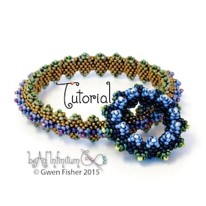 May include: Two beaded bracelets, one a larger bangle with a geometric pattern in shades of green, gold, and purple, and the other a smaller ring with a floral design in shades of blue, green, and gold. The bracelets are made with seed beads and have a delicate, intricate design. The text "Tutorial" is written in a decorative font on the image.