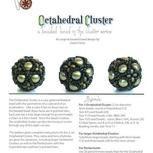 Peut inclure: Un guide d'instructions d&eacute;taill&eacute; pour cr&eacute;er une perle perl&eacute;e Octahedral Cluster, avec un design sph&eacute;rique. Le guide comprend des mat&eacute;riaux tels que des perles de 6 mm, des perles de rocaille et du fil Nymo. La perle finie mesure environ 2 cm de diam&egrave;tre.