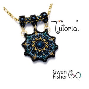 May include: A beaded necklace with a large, intricate pendant featuring a blue and gold mandala design. The pendant is suspended from a gold chain with a beaded section.