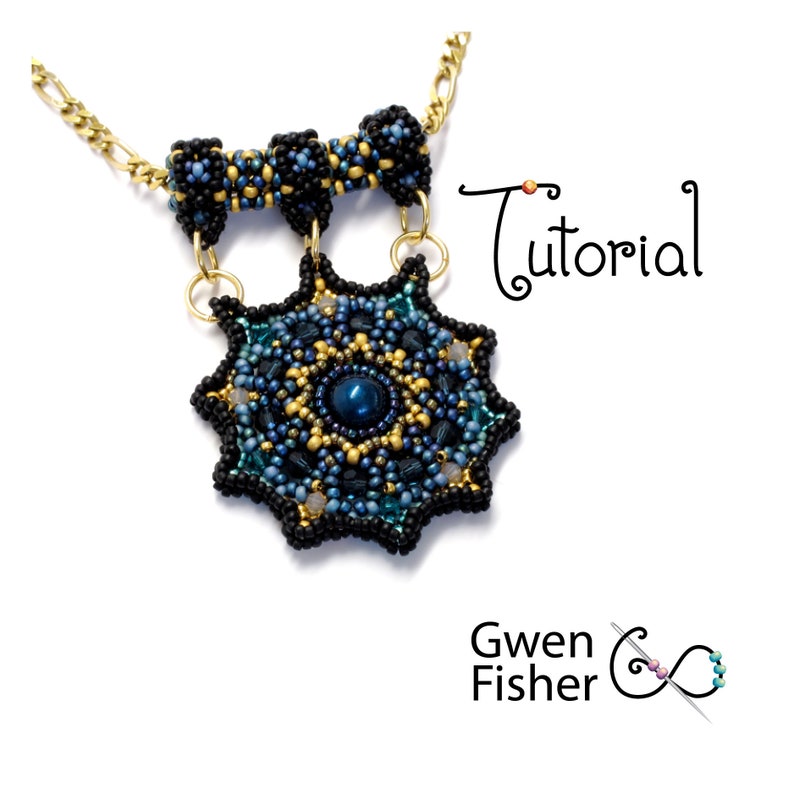 May include: A beaded necklace with a large, intricate pendant featuring a blue and gold mandala design. The pendant is suspended from a gold chain with a beaded section.