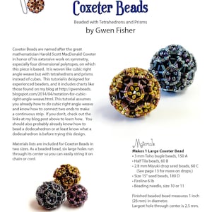 May include: A close-up of a beaded sphere, known as a Coxeter Bead, made with tetrahedrons and prisms. The bead is a deep purple color with gold and brown accents. The image includes a materials list and instructions for making the bead. The text reads "Coxeter Beads Beaded with Tetrahedrons and Prisms by Gwen Fisher".