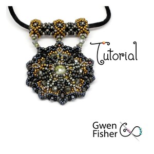 May include: A beaded necklace with a large, multi-colored, star-shaped pendant. The pendant is made of black, gold, and green beads. The necklace is on a black cord. The text "Tutorial" is written in cursive on the right side of the image. The text "Gwen Fisher" is written below the pendant.