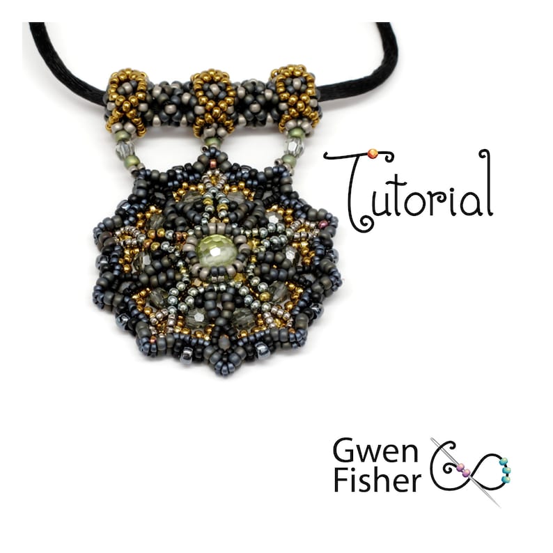 May include: A beaded necklace with a large, multi-colored, star-shaped pendant. The pendant is made of black, gold, and green beads. The necklace is on a black cord. The text "Tutorial" is written in cursive on the right side of the image. The text "Gwen Fisher" is written below the pendant.