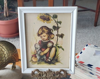 Vintage Hilde Hummel Print - Girl with Dog - Mid-Century Kitsch - Nursery Decor - Framed - Small