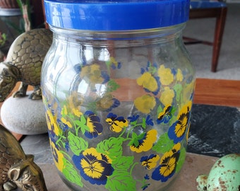 Vintage Pansy Glass Jar -  1980s - Blue and Yellow - Nostalgic Kitsch - Retro Kitchen - Plastic Lid