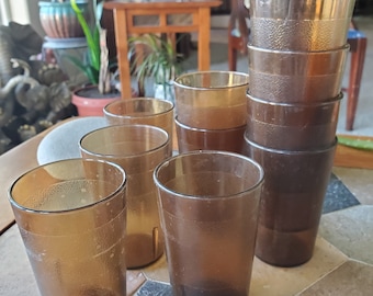 Vintage Tumblers - Set of 10 - Cafeteria Cups -  Brown/Amber Pebbled Texture - Small Juice Glasses - Kitschen - RV - Camping - Restaurant