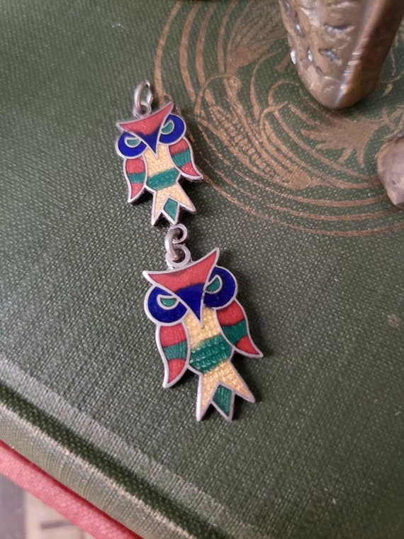 Vintage Owl Pendant - Enamel - Multi-Colored Geome