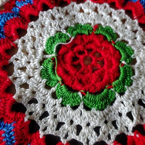 Vintage Doily Bowl Cover Crochet Rose Red, White, and Blue Shoo-Fly Cover image 7