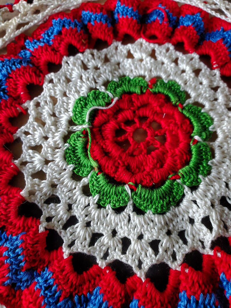 Vintage Doily Bowl Cover Crochet Rose Red, White, and Blue Shoo-Fly Cover image 7