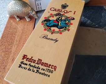 Vintage Bottle Box - Carlos I - Pedro Domecq - Brandy Crate - Single Bottle Case - Wooden Box with Hinge