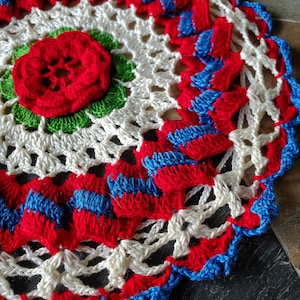 Vintage Doily Bowl Cover Crochet Rose Red, White, and Blue Shoo-Fly Cover image 1