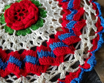 Vintage Doily Bowl Cover - Crochet Rose - Red, White, and Blue - Shoo-Fly Cover