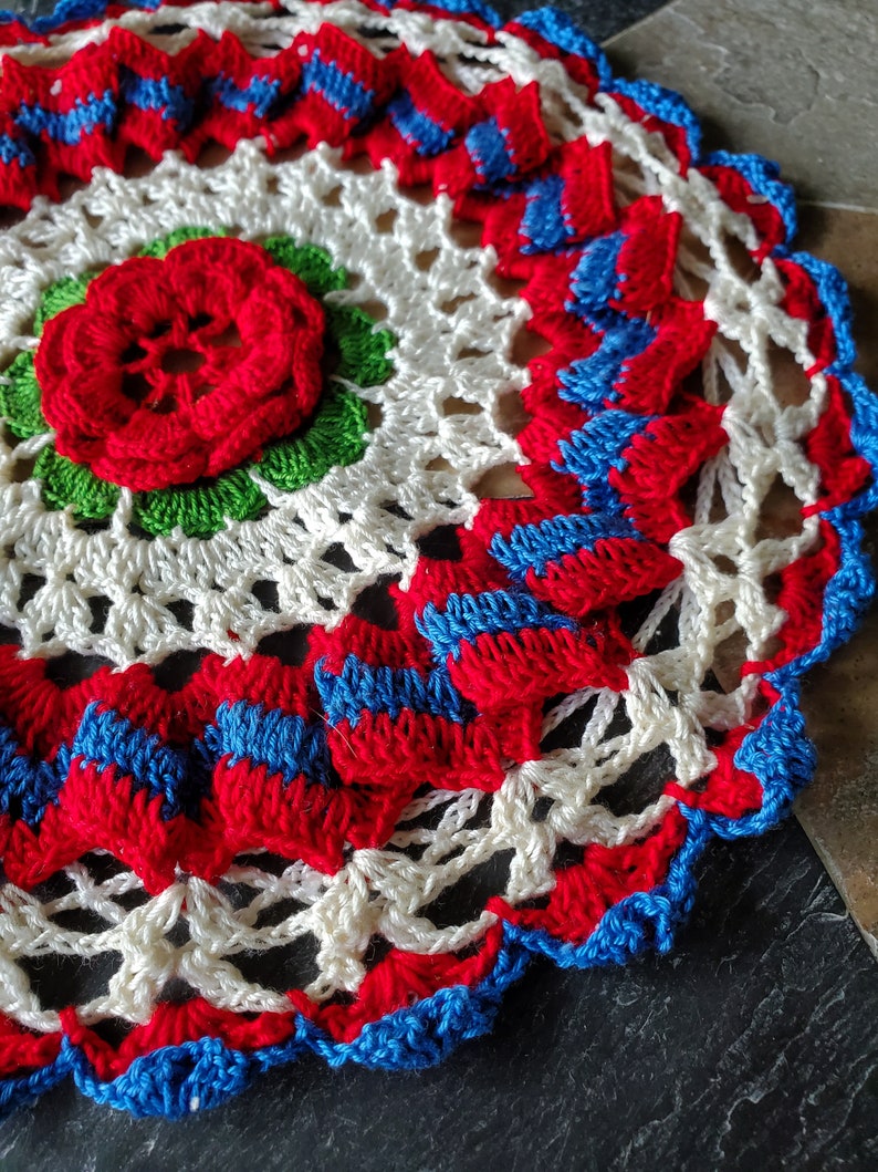 Vintage Doily Bowl Cover Crochet Rose Red, White, and Blue Shoo-Fly Cover image 1