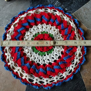 Vintage Doily Bowl Cover Crochet Rose Red, White, and Blue Shoo-Fly Cover image 5