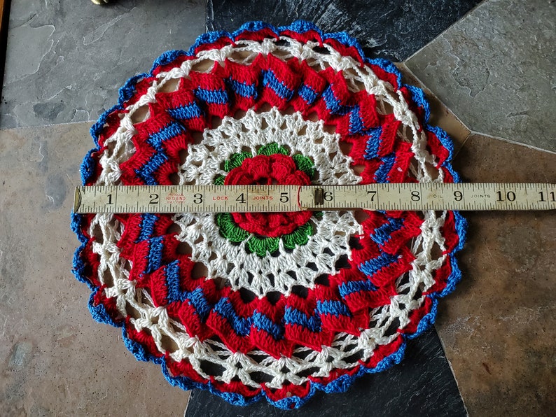 Vintage Doily Bowl Cover Crochet Rose Red, White, and Blue Shoo-Fly Cover image 5