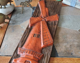 Vintage Ceramic Plaque - Wall Hanging Decor - Dutch Windmill - Mid-Century Chic - Orange and Brown