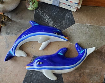 Pair of Vintage Ceramic Dolphin Wall Hangers - Bathroom Decor - Blue Dolphins - Handpainted - Wall Hanging