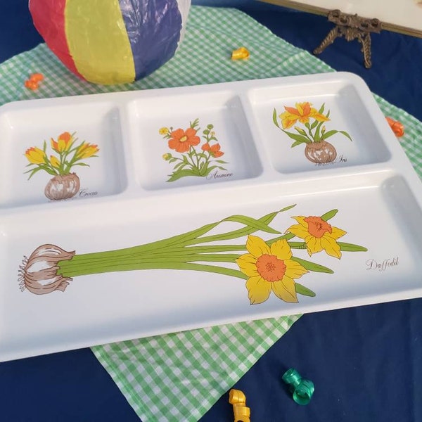 Vintage Flower Sectional Tray - Gardening - Daffodil - Anemone - Iris - Crocus - White Plastic