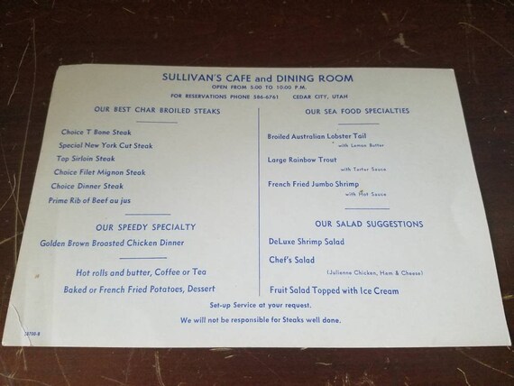 Vintage Sullivan S Cafe And Dining Room Menu Oversized Postcard Cedar City Utah