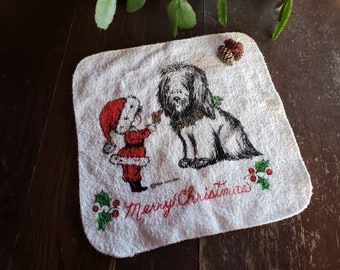 Vintage Christmas Washcloth - Hand Towel - Boy and Dog - Fran Man - 1974 - Merry Christmas - Child Santa - Shaggy Dog