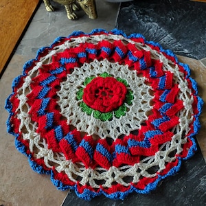 Vintage Doily Bowl Cover Crochet Rose Red, White, and Blue Shoo-Fly Cover image 2