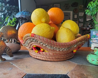 Vintage Basket - Red, Orange, and Yellow Accents - Fruit Bowl - Small Basket - Geometric Beauty