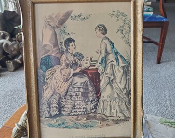 Antique La Mode Illustree Print - Wood Gesso Frame - 1890s - Fancy Ladies - French Fashion Magazine